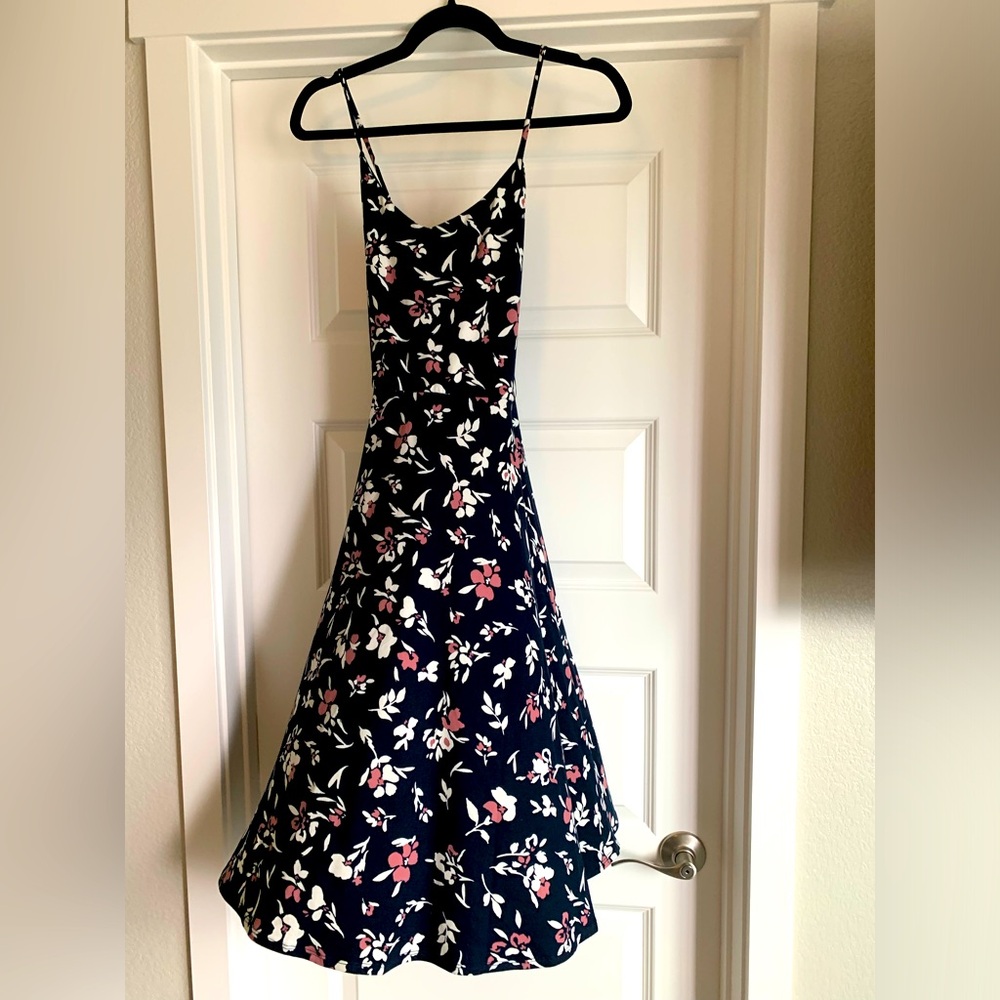 nine britton Navy Floral Midi Dress with Pink and White Accents